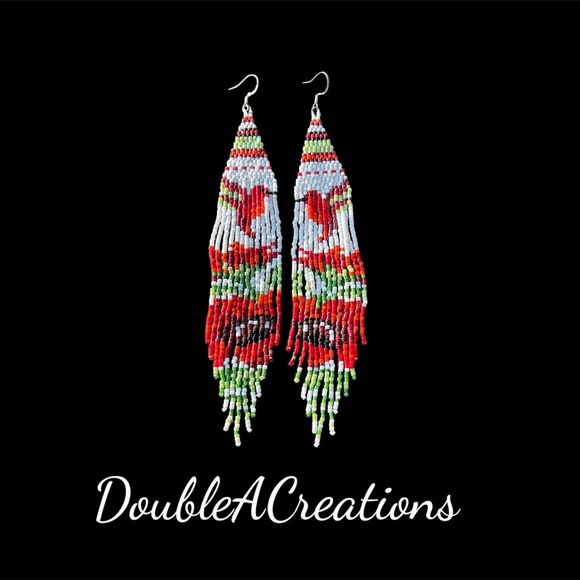 Hummingbirds over Flowers Beaded Earrings with Fringe, New, Handmade by Me - Picture 3 of 9